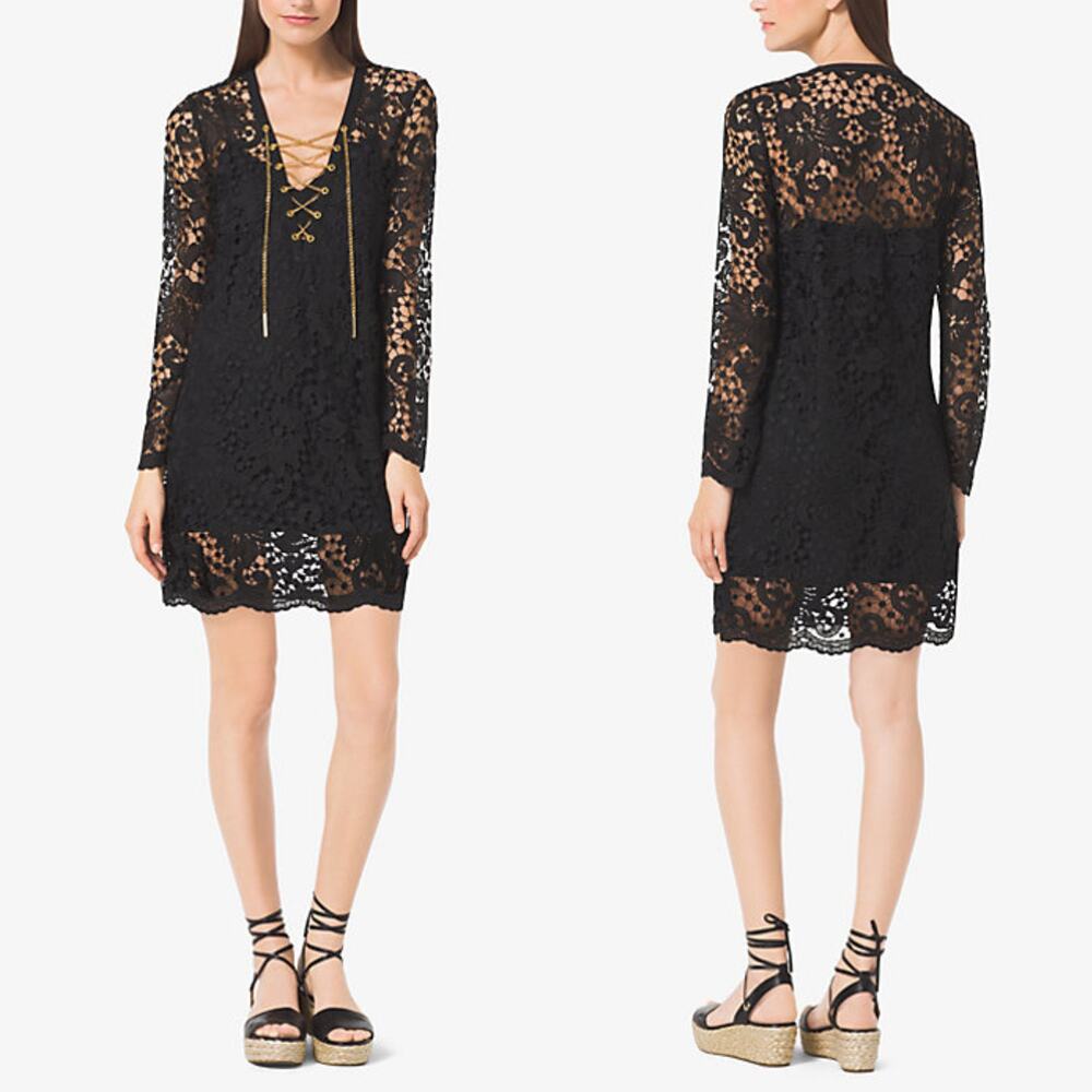 MICHAEL Michael Kors Womens Lace Up Lace Tunic Dress Size Small Black Gold NWT
